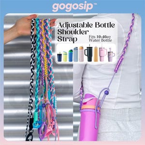 May include: An adjustable bottle shoulder strap in various braided colors including black, white, teal, pink, and purple. The product text reads Adjustable Bottle Shoulder Strap Fits 10-40oz Water Bottle, with illustrations of various bottles.
