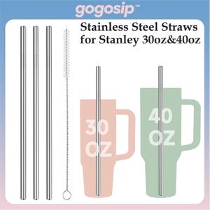 May include: Three silver stainless steel straws and one cleaning brush. The text reads gogosip Stainless Steel Straws for Stanley 30oz&40oz. Two tumbler silhouettes are shown, one pink labelled 30oz and one green labelled 40oz, with a straw inserted.