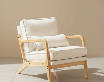 Mid Century Solid Wood Accent Chair Upholstered Armchair with Extra Pillow