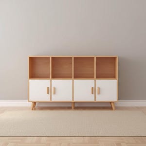 May include: A modern wooden storage cabinet with eight compartments. The top section has four open shelves, while the bottom features four white doors with wooden handles. The cabinet is set on angled wooden legs and sits on a beige rug.