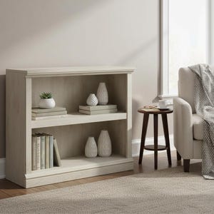 May include: A light-colored wooden bookshelf with two shelves. The shelves display books, decorative vases, and a small potted plant. The bookshelf is in a neutral-toned room with a chair and side table.