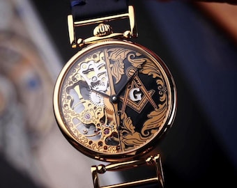 Skeleton watch, Masonic watch, Freemason watch, Handmade watch, Flagman watch, Custom watch, Engraved watch, Wedding gift, Gift for men