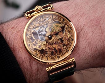 Skeleton watch with a hunting theme, Handmade watch, Mechanical watch, Flagman watch, Wedding gift, Gift for husband, Gift for men