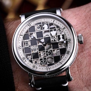Schaakhorloge, skelethorloge, handgemaakt horloge, ambachtelijk horloge, mechanisch horloge, Flagman-horloge, huwelijkscadeau, cadeau voor mannen, cadeau-echtgenoot