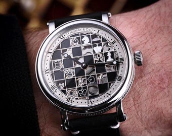 Chess watch, Skeleton watch, Handmade watch, Artisan watch, Mechanical watch, Flagman watch, Wedding gift, Gift for men, Gift husband
