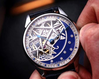 Skeleton Moon Watch, Handmade watch, Artisan watch, Space watch, Mechanical watch, Unisex watch, Gift for men, Gift for husband