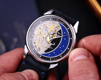 Skeleton Moon Watch, Handmade watch, Mechanical watch, Artisan watch, Space watch, Skeleton watch, Wedding gift, Gift for husband