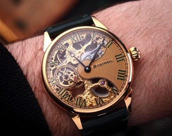 Skeleton watch, Handcrafted watch, Mechanical watch, Flagman watch, Unique watch, Engraved watch, Wedding gift, One year anniversary