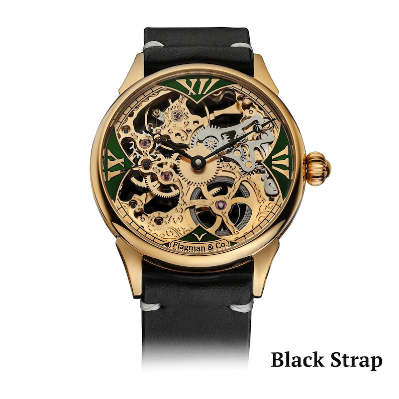 Black strap on Skeleton watch