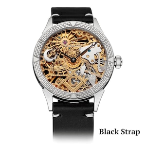 Black strap on Skeleton watch
