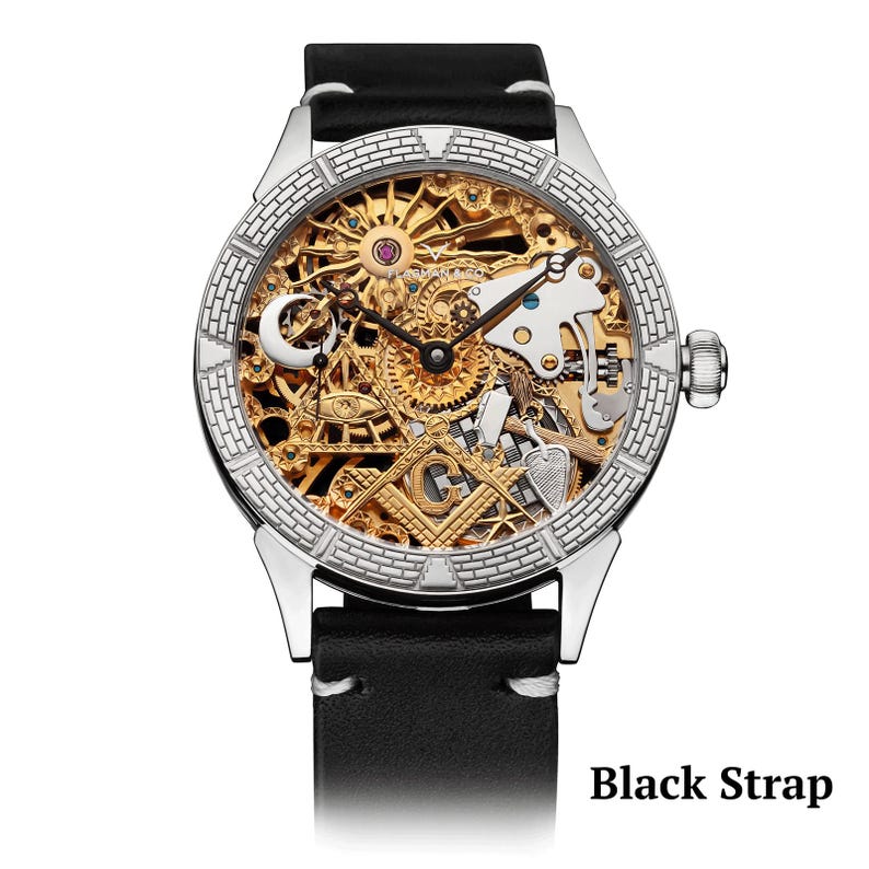 Black strap on Skeleton watch