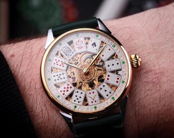 Poker Skeleton Watch, Handmade watch, Poker watch, Casino watch, Mechanical watch, Handcrafted watch, Wedding gift, Gift for husband