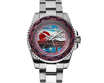 May include: A stainless steel wristwatch with a pink and blue face featuring a Japanese landscape design. The watch has a silver band and a rotating bezel with city names. The face depicts Mount Fuji, a red sun, and cherry blossoms.