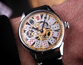Skeleton watch, Casino watch, Poker watch, Handmade watch, Mechanical watch, Personalized watch, Poker Gift, Casino Gift, Gift for men