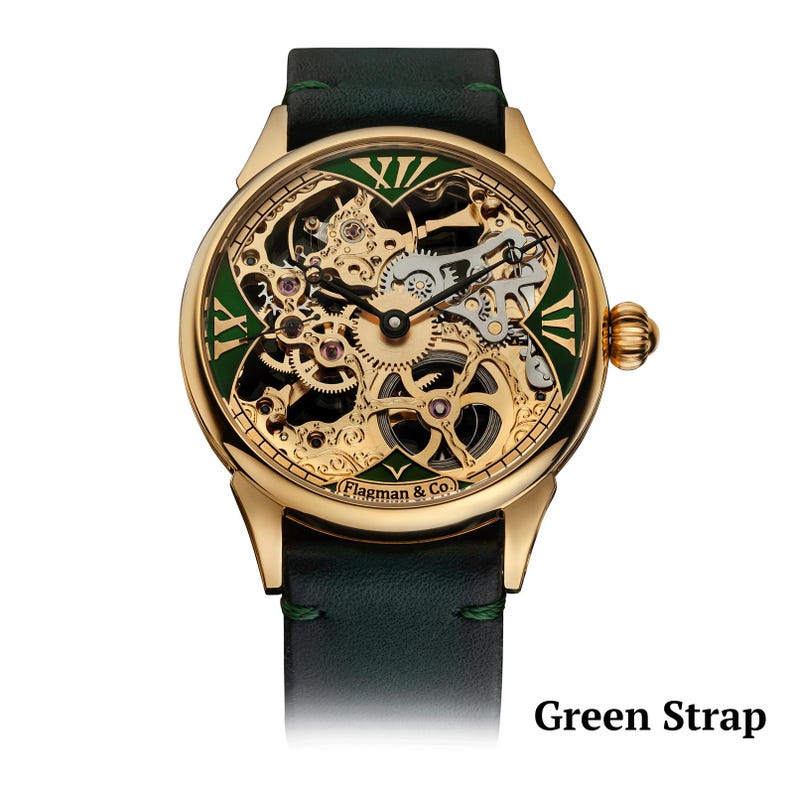Green strap on Skeleton watch
