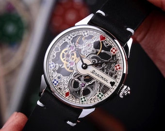 Skeleton watch, Poker watch, Casino watch, Handcrafted watch, Mechanical watch, Mens watch, Personalized watch, Gift for husband