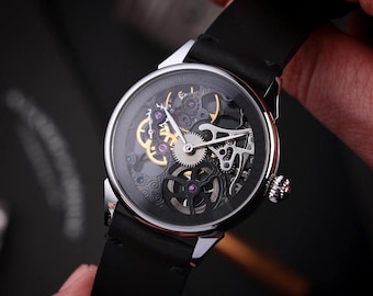 Steampunk Skeleton Watch, Handmade watch, Skeleton watch, Graphite watch, Mechanical watch, Flagman watch, Gift for husband, Gift for him