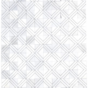 May include: A hand-drawn pattern featuring a repeating geometric design of diamonds and squares. The design is rendered in shades of grey and white, creating a textured, three-dimensional effect. The overall aesthetic is minimalist and modern.