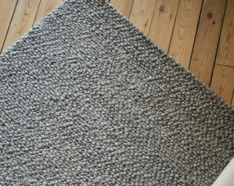 Handwoven Wool Chunky Loop Rug, Black Ivory Textured Carpet, Modern Scandinavian Home