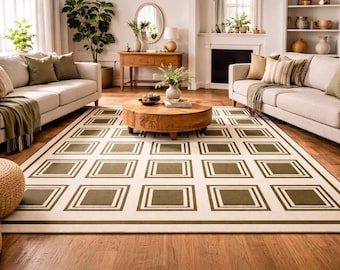 Geometric Tufted Rug – Green Ivory Square Pattern Minimalist Carpet