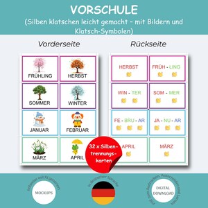 Könnte beinhalten: Lernkarten für die Vorschule mit deutschen Wörtern für Jahreszeiten und Monate. Die Karten zeigen bunte Illustrationen auf der Vorderseite und in Silben unterteilte Wörter mit Klatsch-Symbolen auf der Rückseite. Der Text umfasst VORSCHULE, Silben klatschen leicht gemacht, Vorderseite, Rückseite und 32 x Silbentrennungskarten.