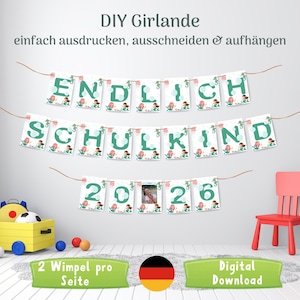 Op de afbeelding: Een DIY-slingerset met witte rechthoekige vlaggetjes met groene letters die ENDLICH SCHULKIND 2026 spellen. Elk vlaggetje toont een zeemeerminillustratie en bubbels. De set bevat een fotoplaatsaanduiding en is bedoeld om zelf af te drukken.