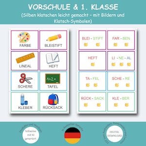 May include: Educational flashcards for preschool and first grade featuring German school vocabulary. The cards display illustrations of items like a pencil, ruler, and backpack, alongside words broken into syllables with hand-clapping symbols.