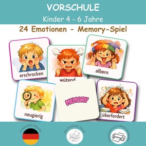 Könnte beinhalten: Ein Memory-Spiel für Kinder von 4 bis 6 Jahren mit 24 Emotionskarten. Die Karten zeigen Illustrationen von Kindern, die Gefühle wie erschrocken, wütend, albern, neugierig und überfordert ausdrücken, mit dem Text VORSCHULE oben.