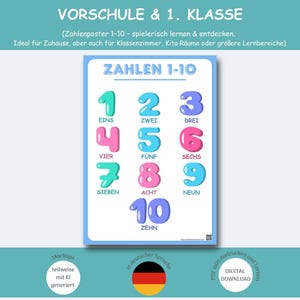 May include: A rectangular educational poster titled ZAHLEN 1-10 featuring numbers one through ten in a bubble font. Each number is paired with its corresponding German word in a light blue, pink, and purple colour palette on a white background.