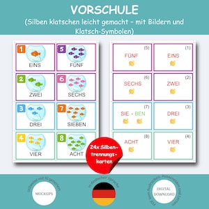 Op de afbeelding: Educatieve printbare kaarten getiteld VORSCHULE met genummerde vissenkommen met bijbehorende aantallen vissen en Duitse telwoorden. De set bevat lettergreep-klapsymbolen, teloefeningen en een rode ronde badge met de tekst 24x Silbentrennungskarten.