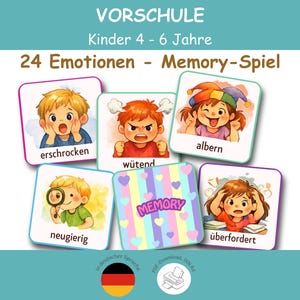 Peut inclure: Un jeu de mémoire pour enfants de 4 à 6 ans comprenant 24 cartes illustrant diverses émotions. Les cartes montrent des personnages exprimant des sentiments étiquetés erschrocken, wütend, albern, neugierig et überfordert, avec une carte centrale MEMORY.