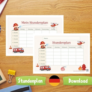 May include: Two rectangular school timetable templates featuring a firefighter theme. Each grid includes columns for days of the week, rows for five class periods, and illustrations of a firefighter, a red fire engine, and a red helicopter.