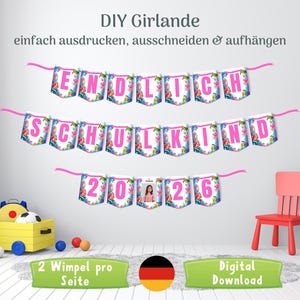Könnte beinhalten: Ein DIY-Girlanden-Set zum Ausdrucken mit drei Reihen von Wimpeln, die in pinken Buchstaben ENDLICH SCHULKIND 2026 bilden. Jeder Wimpel zeigt ein buntes Unterwassermotiv mit Wasserbewohnern und einem zentralen Platzhalter für ein Kinderfoto.