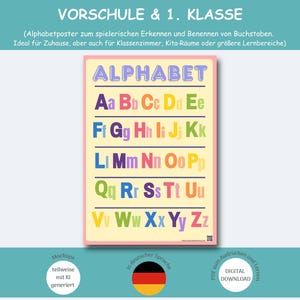 Puede incluir: Un póster educativo rectangular que presenta la palabra ALPHABET en letras azules grandes en la parte superior, seguido de las letras de la A a la Z en pares de mayúsculas y minúsculas, cada una en colores brillantes sobre un fondo crema claro.