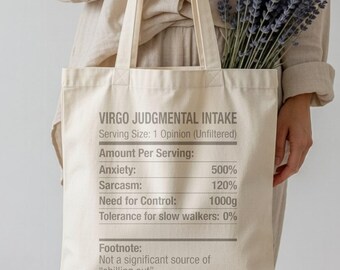 Borsa tote sarcastica con indicazioni nutrizionali per il segno della Vergine, borsa shopper in tela con tratti dell'oroscopo astrologico, borsa a mano con umorismo sui segni di terra, borsetta con citazioni divertenti