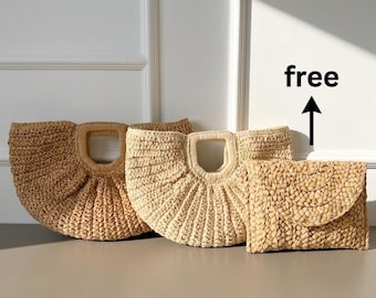 Borsa da spiaggia estiva in paglia intrecciata, borsetta da vacanza costiera in rafia a mezzaluna, borsa tote boho a mezzaluna con manico superiore, pochette/cestino per matrimonio e luna di miele