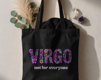 Borsa tote con motivi floreali e tratti distintivi del segno zodiacale Vergine, borsa shopper con oroscopo astrologico neon, borsa a mano psichedelica e umoristica, borsetta con citazioni divertenti