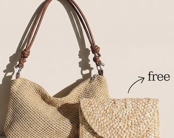 Borsa da spiaggia estiva in paglia intrecciata stile boho, borsetta hobo con nodo in corda stile boho, piccola borsa a tracolla naturale fatta a mano, pochette per vacanze, matrimoni e luna di miele