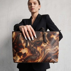 Tortoise Shell Pattern Vegan Leather Handbag, Vintage Animal Print Spacious Tote Bag, Dark Amber Marbled Zipper Purse, School Book Carryall