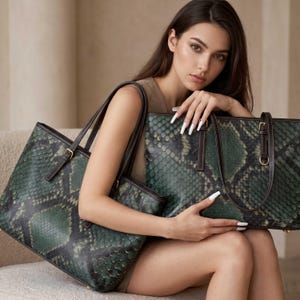 Green Snakeskin Pattern Vegan Leather Tote, Exotic Python Print Structured Work Purse, Reptile Animal Spacious Pockets University Satchel
