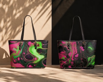 Borsa a tracolla grande in ecopelle psichedelica neon, borsa a mano di tendenza cruelty-free, borsa a mano lunga con cerniera e manico superiore, spaziosa borsa da università.