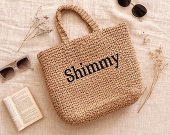 Borsa da spiaggia personalizzata in rafia intrecciata a mano, borsa all'uncinetto personalizzata per matrimonio, cestino per la luna di miele in stile boho
