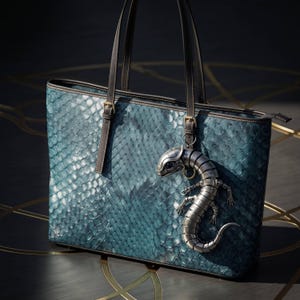 May include: A teal tote bag with a textured snakeskin pattern and dark brown leather straps. A metallic, articulated lizard-shaped charm with a dark eye is attached to one of the straps. The bag features a zipper closure and gold-toned hardware.