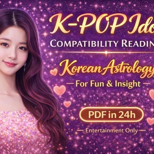 May include: Digital illustration featuring a woman with long, wavy purple hair and a pink sequined top. The background is a sparkling purple with text that reads "K-POP Idol Compatibility Reading" and "Korean Astrology". Includes the text "PDF in 24h".
