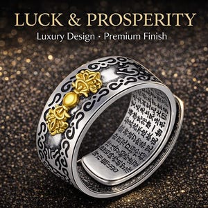Op de afbeelding: Een zilveren ring met gouden accenten en gegraveerde tekst. De ring heeft een decoratief ontwerp en de woorden "LUCK & PROSPERITY" bovenaan. De ring is een luxe ontwerp met een premium afwerking.