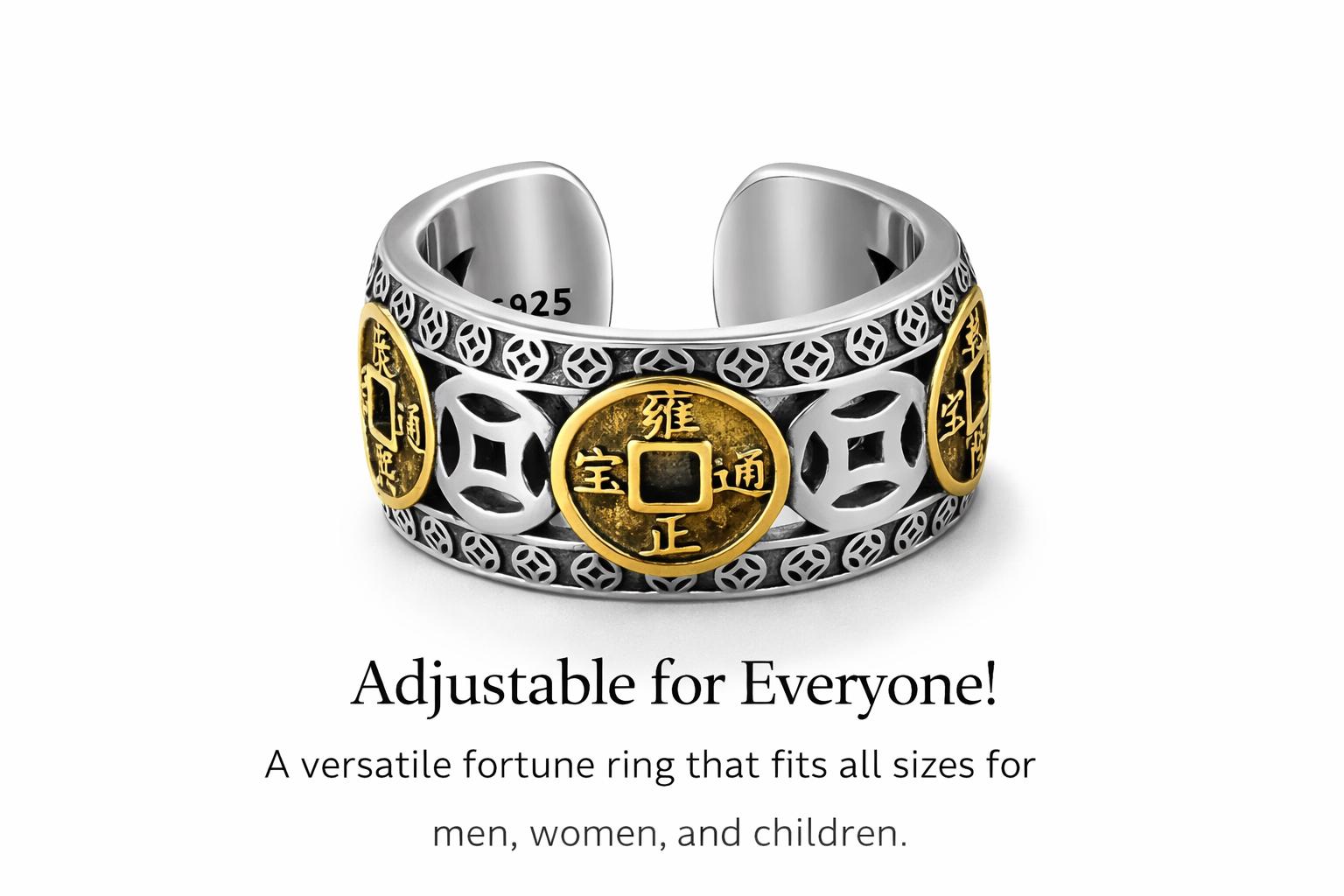Fortune Rings Silver Korean Lucky Charm Ring Fortune Coin Adjustable Ring Wealth Success ...