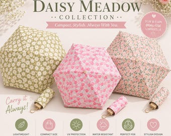 Daisy Meadow Floral Umbrella, Compact Sun & Rain UV Protection Travel Parasol