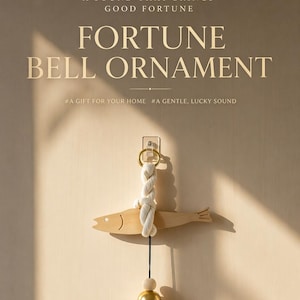 May include: A wall-mounted ornament featuring a light-coloured wooden fish cutout suspended by a thick white twisted rope. A small, polished gold-toned metal bell hangs from the fish by a thin black cord. Text reads: Salim's Craft KOREA, A SOUND THAT BRINGS GOOD FORTUNE, FORTUNE BELL ORNAMENT, #A GIFT FOR YOUR HOME #A GENTLE, LUCKY SOUND, HANDMADE WITH CARE, ELEVATE YOUR HOME'S ENERGY, SOOTHING AND LUCKY SOUND.