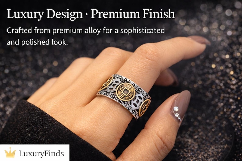 Fortune Rings Silver Korean Lucky Charm Ring Fortune Coin Adjustable Ring Wealth Success ...