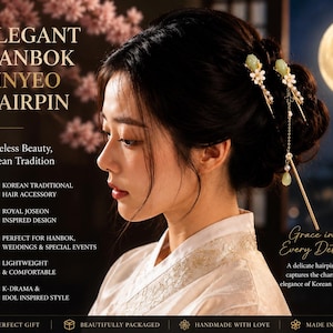 May include: An elegant Hanbok Binyeo hairpin with a floral and pearl design. The gold-toned hairpin features jade-colored accents and is designed for Korean traditional hair styling. The image includes text that reads "Grace in Every Detail".